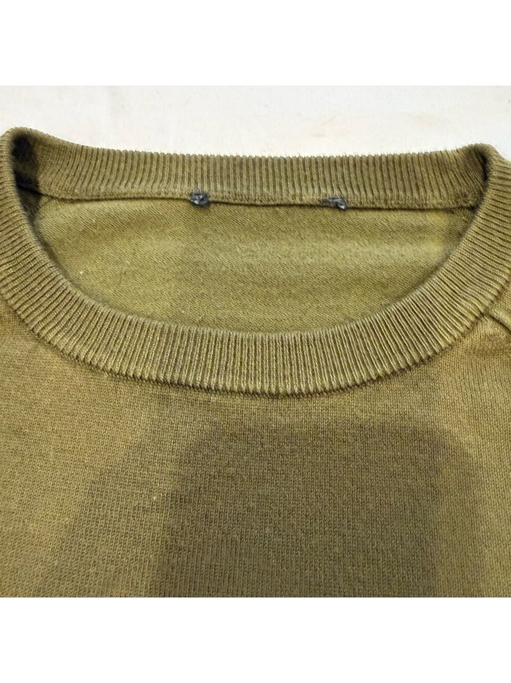 Sweater Olive Green Lightweight Knit Striped Cuff Crewneck Casual Cozy Pullover - Picture 7 of 8